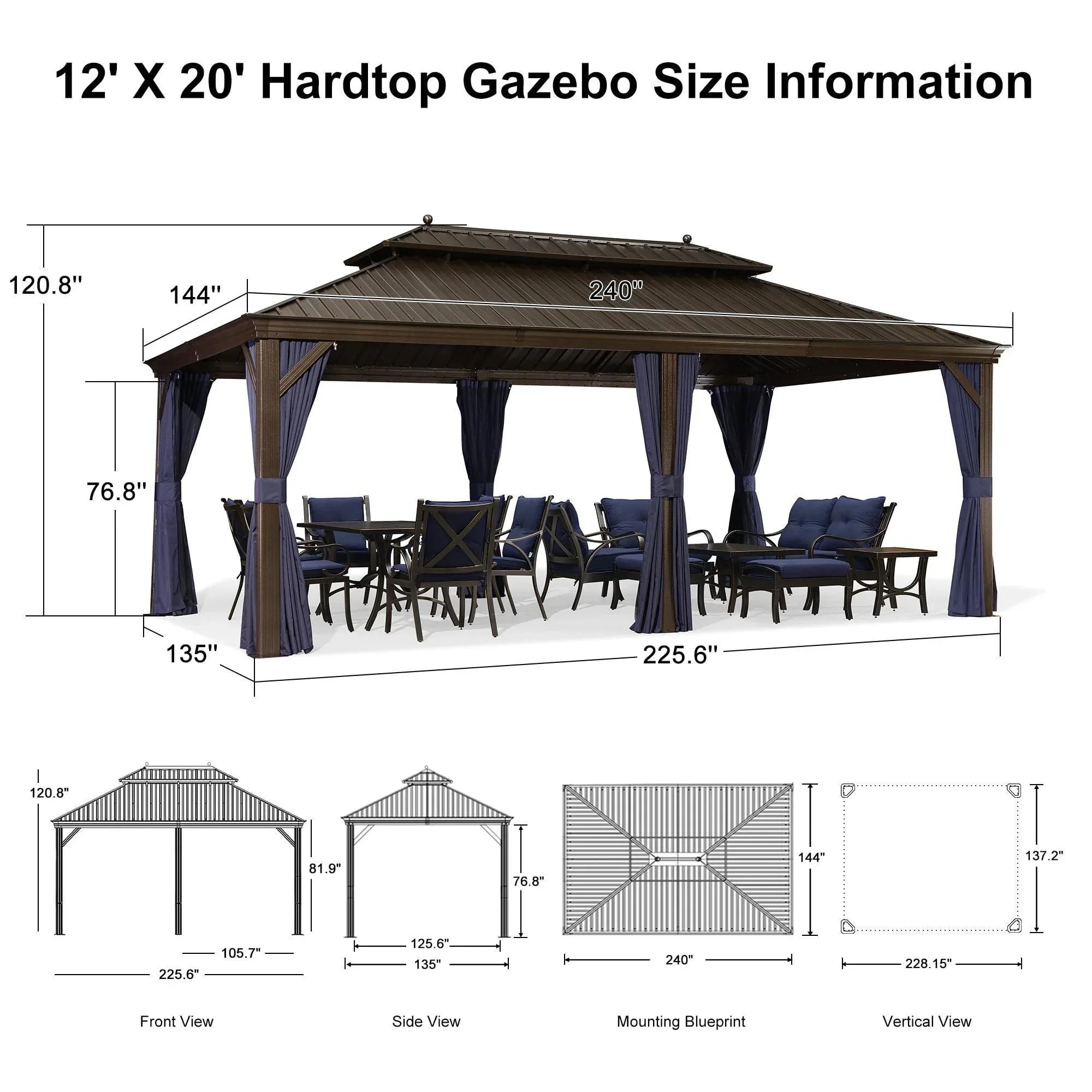 PURPLE LEAF Outdoor Hardtop Gazebo for Patio Bronze Aluminum Frame Pavilion with Navy-Blue Curtain - Image 82