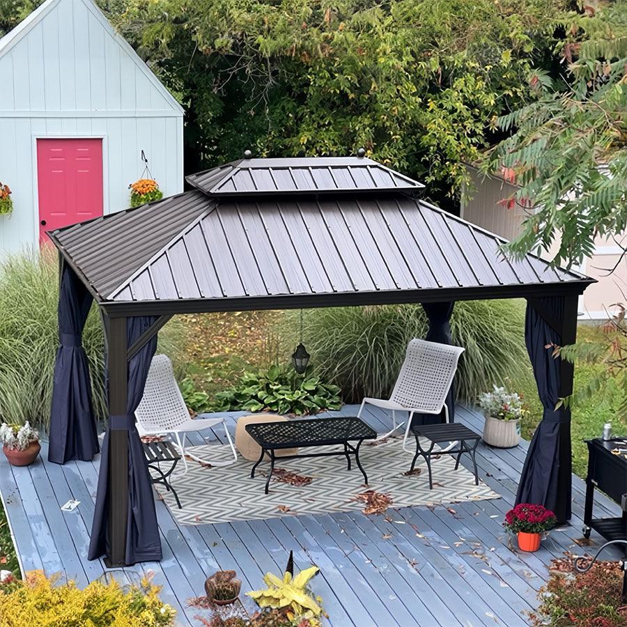 PURPLE LEAF Outdoor Hardtop Gazebo for Patio Bronze Aluminum Frame Pavilion with Navy-Blue Curtain - Image 99