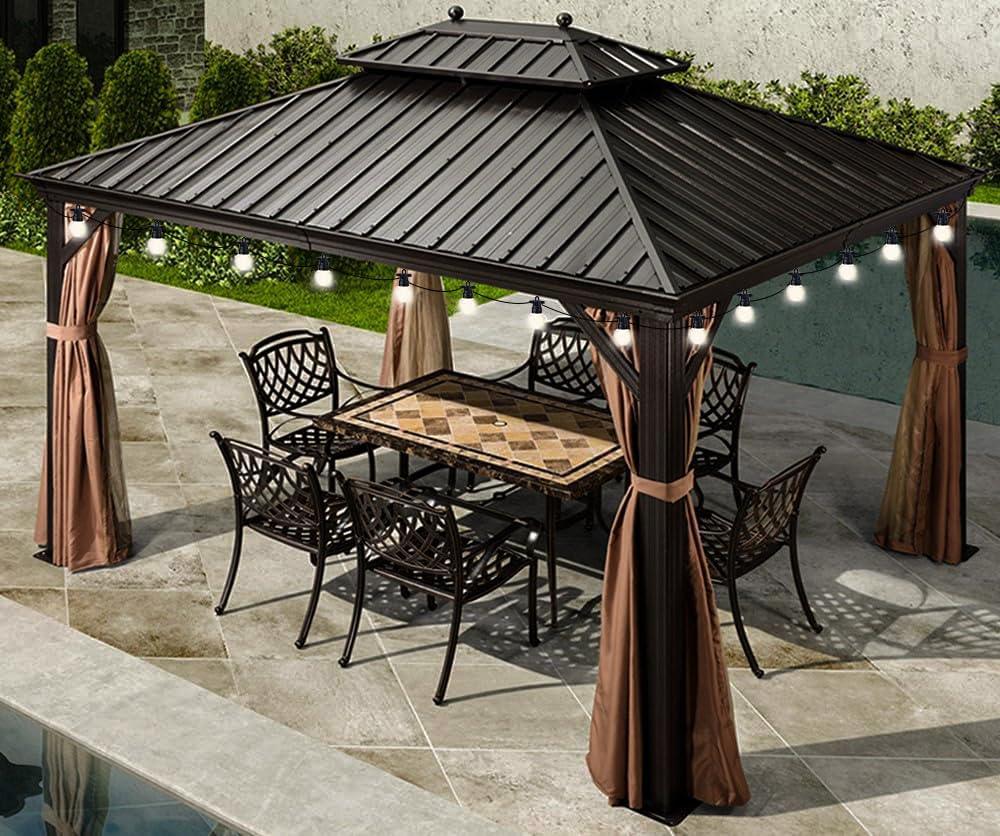 PURPLE LEAF Outdoor Hardtop Gazebo for Garden Bronze Double Roof Aluminum Frame Pavilion with String Lights-milky - Image 10