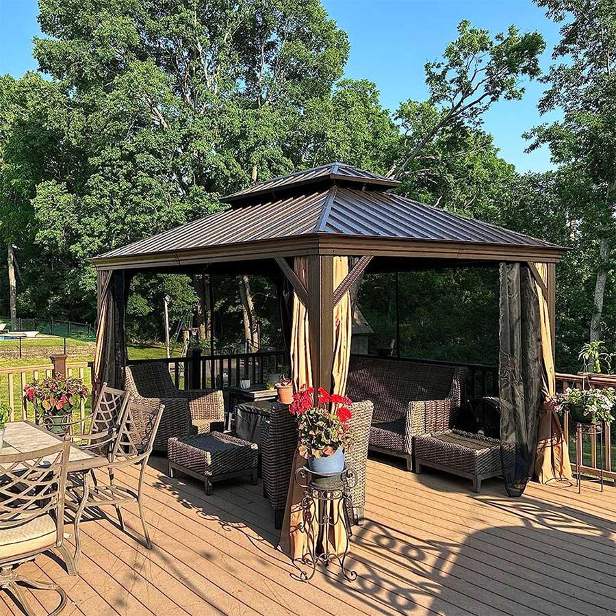 PURPLE LEAF Outdoor Hardtop Gazebo for Garden Bronze Double Roof Aluminum Frame Pavilion with String Lights-milky - Image 100