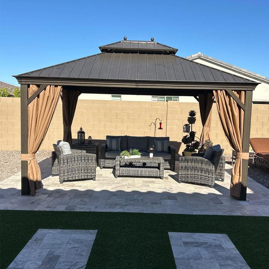 PURPLE LEAF Outdoor Hardtop Gazebo for Garden Bronze Double Roof Aluminum Frame Pavilion with String Lights-milky - Image 101