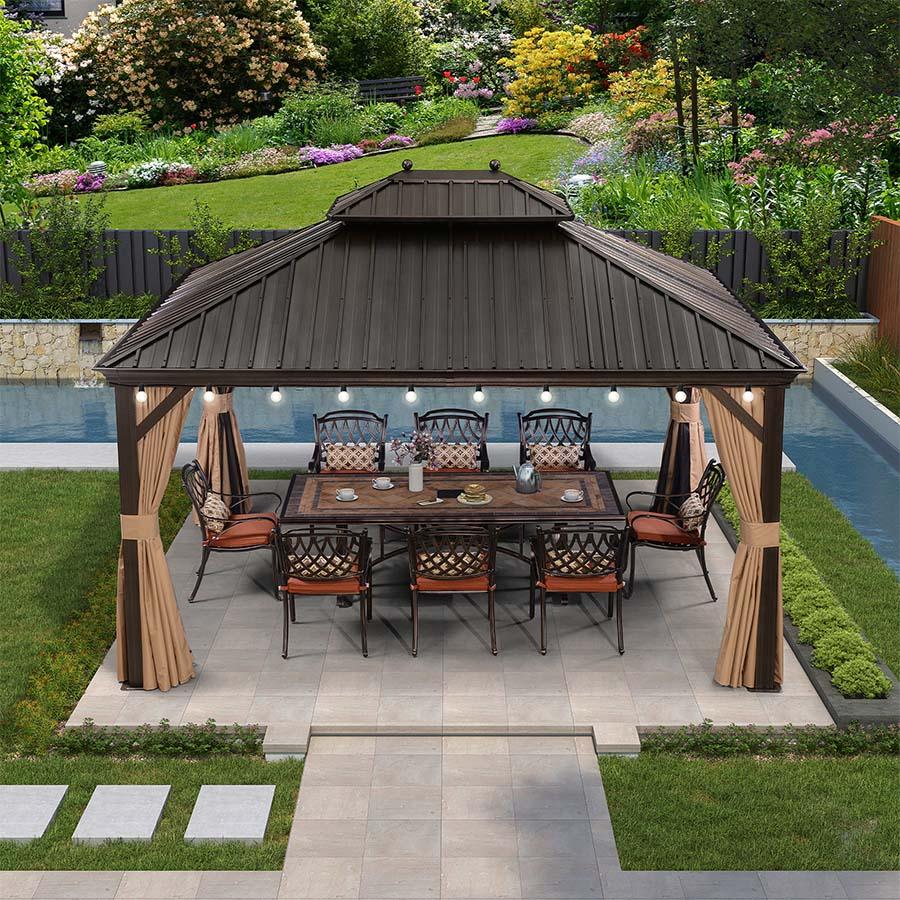 PURPLE LEAF Outdoor Hardtop Gazebo for Garden Bronze Double Roof Aluminum Frame Pavilion with String Lights-milky - Image 102