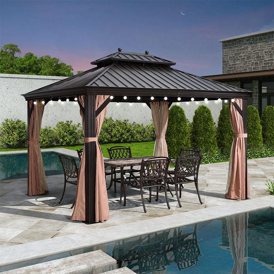 PURPLE LEAF Outdoor Hardtop Gazebo for Garden Bronze Double Roof Aluminum Frame Pavilion with String Lights-milky - Image 103