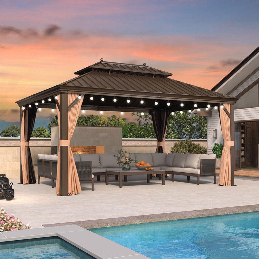 PURPLE LEAF Outdoor Hardtop Gazebo for Garden Bronze Double Roof Aluminum Frame Pavilion with String Lights-milky - Image 104