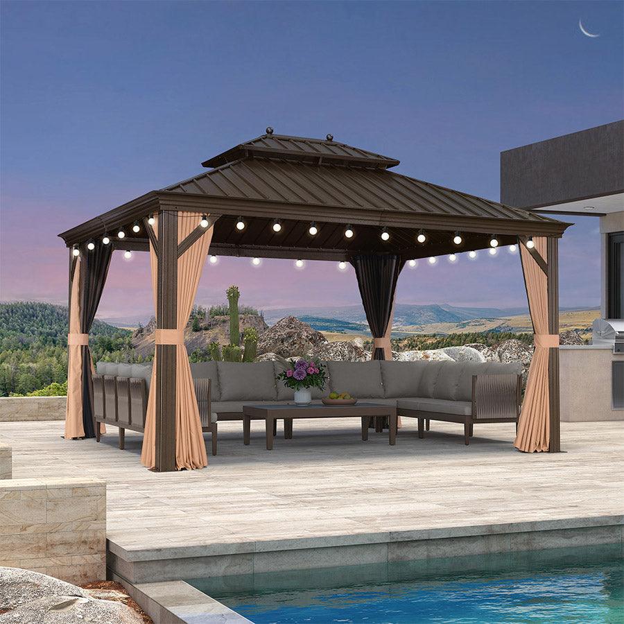 PURPLE LEAF Outdoor Hardtop Gazebo for Garden Bronze Double Roof Aluminum Frame Pavilion with String Lights-milky - Image 105