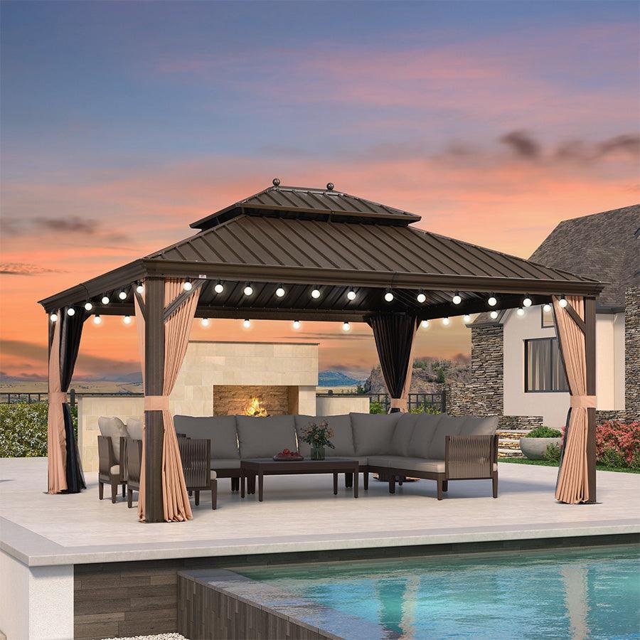 PURPLE LEAF Outdoor Hardtop Gazebo for Garden Bronze Double Roof Aluminum Frame Pavilion with String Lights-milky - Image 106