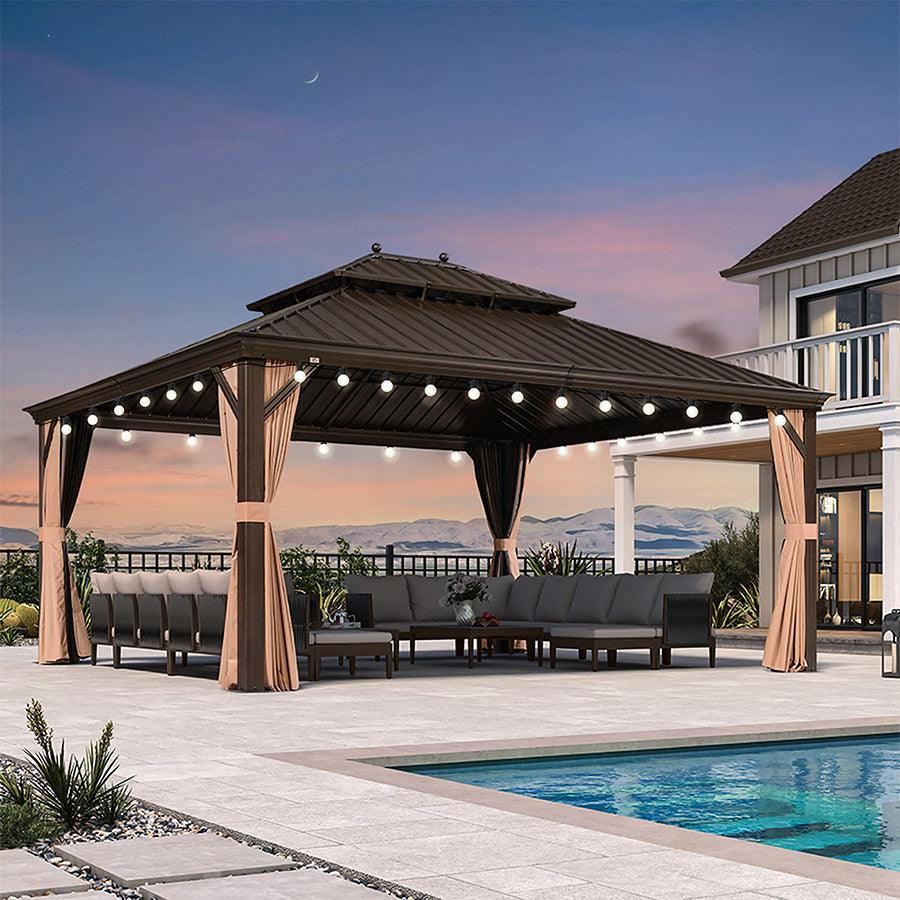 PURPLE LEAF Outdoor Hardtop Gazebo for Garden Bronze Double Roof Aluminum Frame Pavilion with String Lights-milky - Image 109