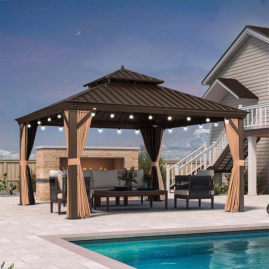 PURPLE LEAF Outdoor Hardtop Gazebo for Garden Bronze Double Roof Aluminum Frame Pavilion with String Lights-milky - Image 110