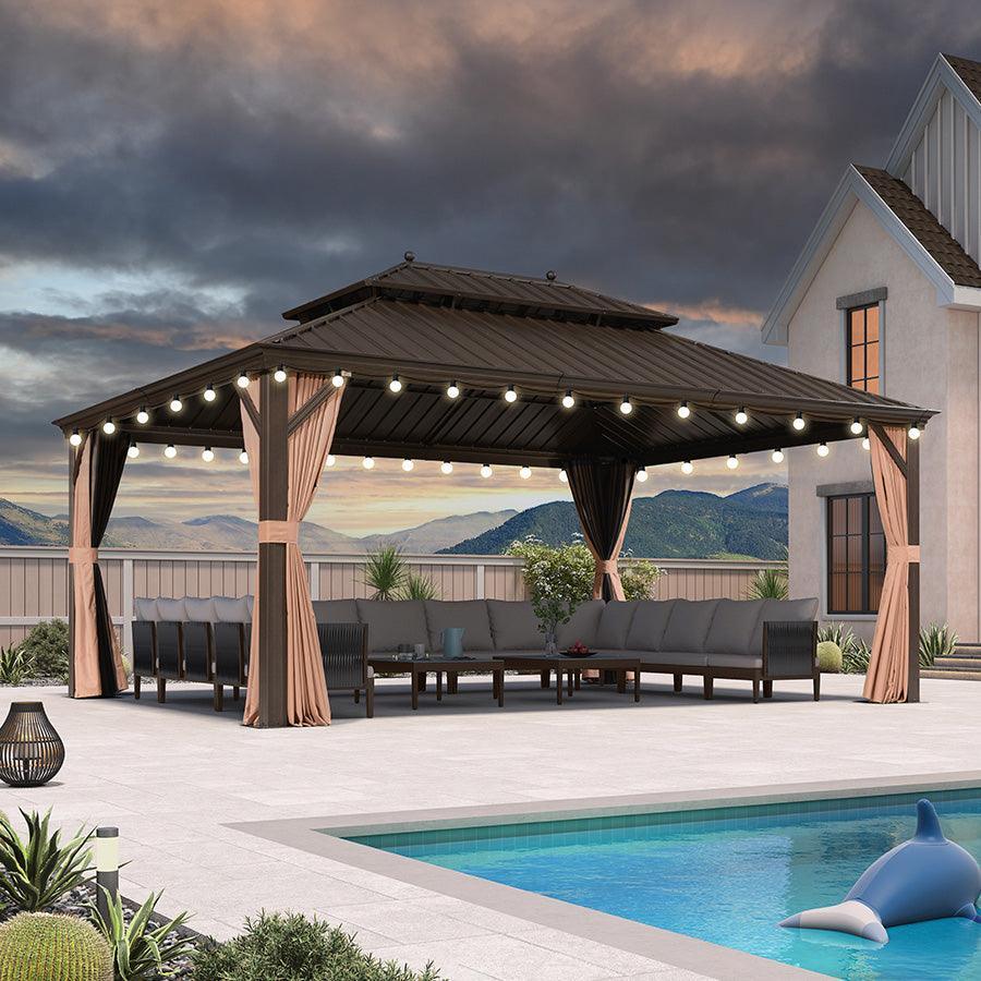 PURPLE LEAF Outdoor Hardtop Gazebo for Garden Bronze Double Roof Aluminum Frame Pavilion with String Lights-milky - Image 111