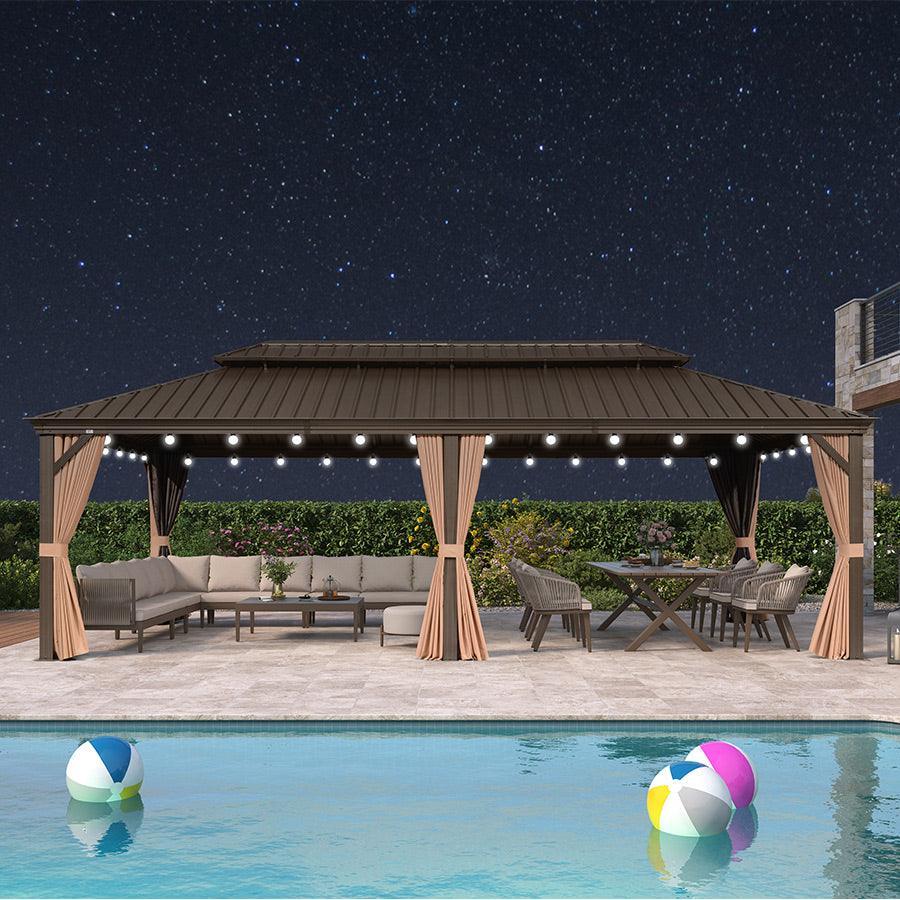 PURPLE LEAF Outdoor Hardtop Gazebo for Garden Bronze Double Roof Aluminum Frame Pavilion with String Lights-milky - Image 112