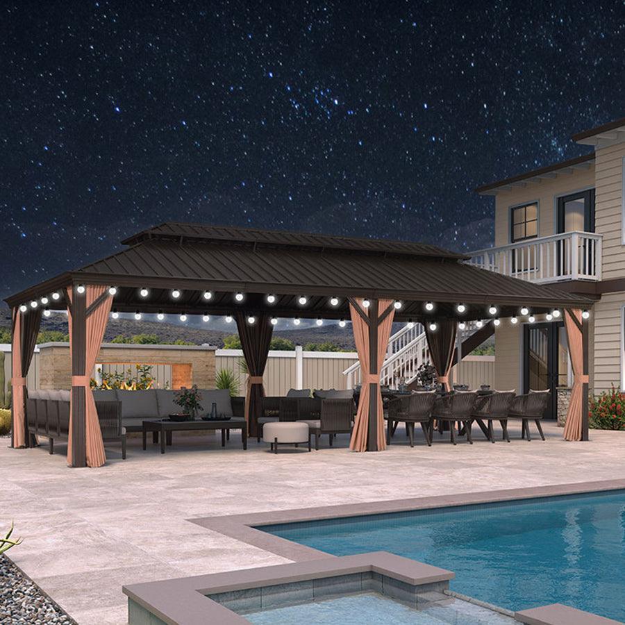 PURPLE LEAF Outdoor Hardtop Gazebo for Garden Bronze Double Roof Aluminum Frame Pavilion with String Lights-milky - Image 115