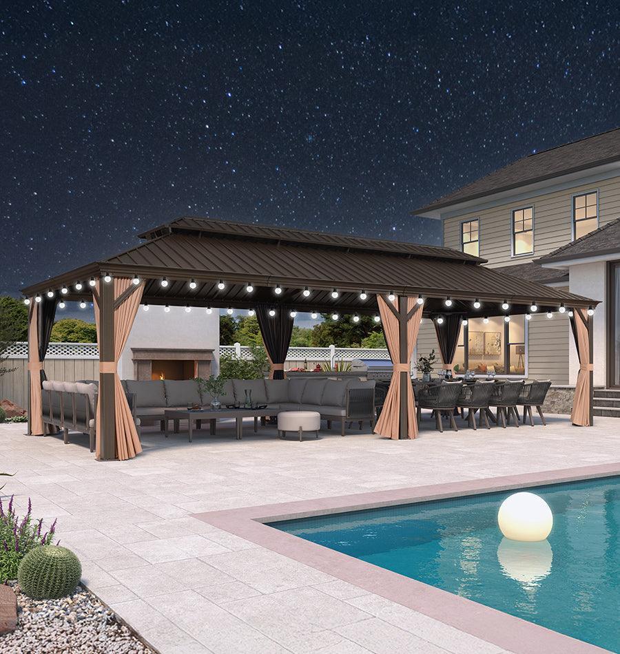 PURPLE LEAF Outdoor Hardtop Gazebo for Garden Bronze Double Roof Aluminum Frame Pavilion with String Lights-milky - Image 116