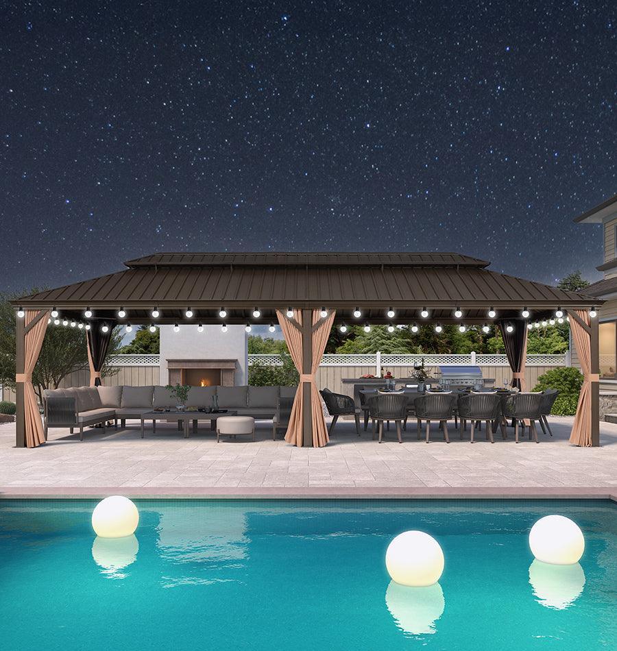 PURPLE LEAF Outdoor Hardtop Gazebo for Garden Bronze Double Roof Aluminum Frame Pavilion with String Lights-milky - Image 117