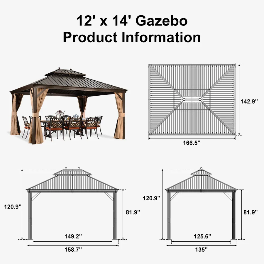 PURPLE LEAF Outdoor Hardtop Gazebo for Garden Bronze Double Roof Aluminum Frame Pavilion with String Lights-milky - Image 129