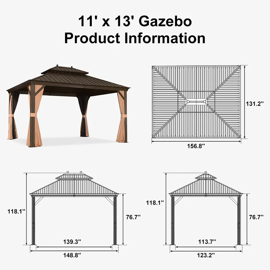 PURPLE LEAF Outdoor Hardtop Gazebo for Garden Bronze Double Roof Aluminum Frame Pavilion with String Lights-milky - Image 131