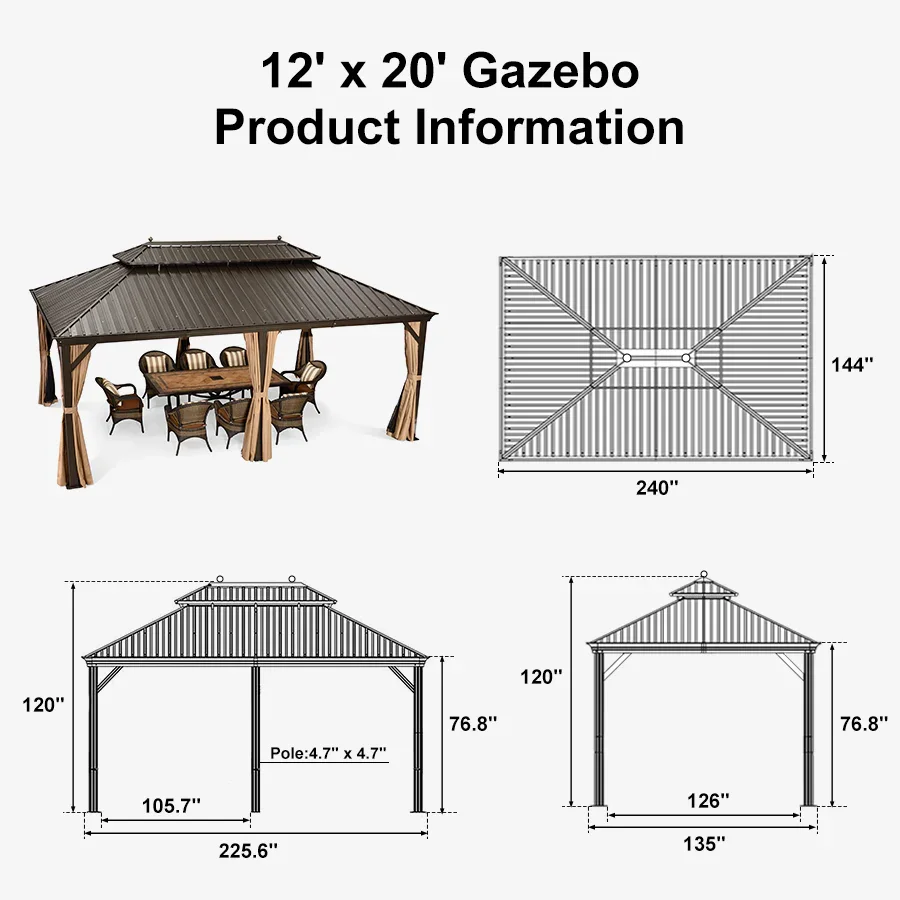 PURPLE LEAF Outdoor Hardtop Gazebo for Garden Bronze Double Roof Aluminum Frame Pavilion with String Lights-milky - Image 136
