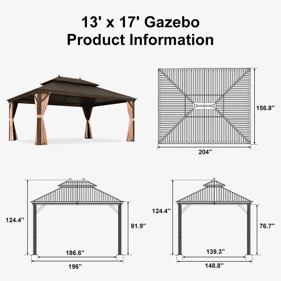 PURPLE LEAF Outdoor Hardtop Gazebo for Garden Bronze Double Roof Aluminum Frame Pavilion with String Lights-milky - Image 139