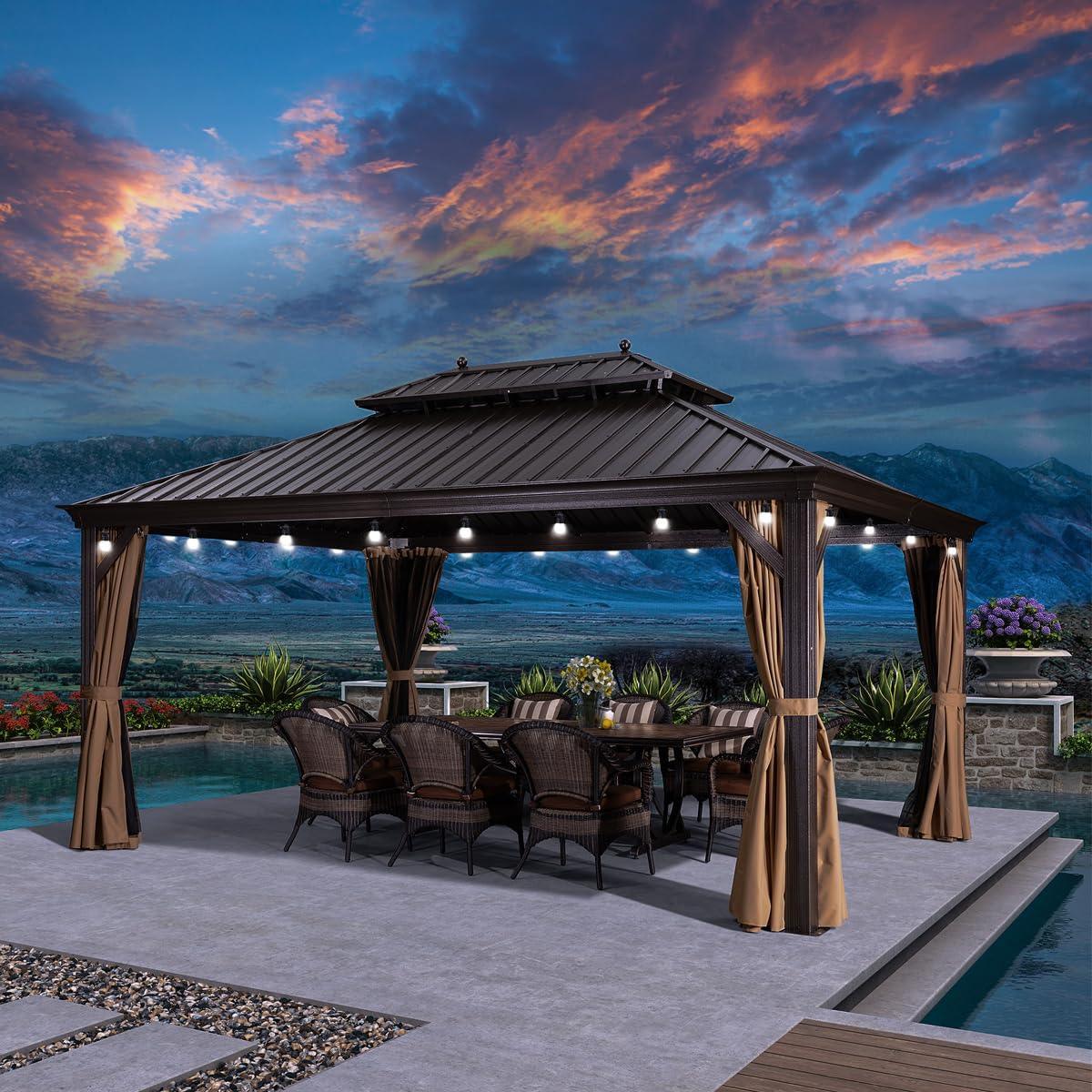 PURPLE LEAF Outdoor Hardtop Gazebo for Garden Bronze Double Roof Aluminum Frame Pavilion with String Lights-milky - Image 5