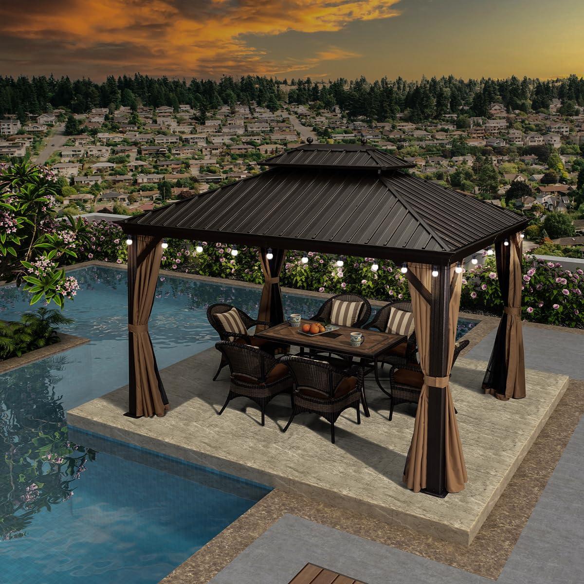 PURPLE LEAF Outdoor Hardtop Gazebo for Garden Bronze Double Roof Aluminum Frame Pavilion with String Lights-milky - Image 6