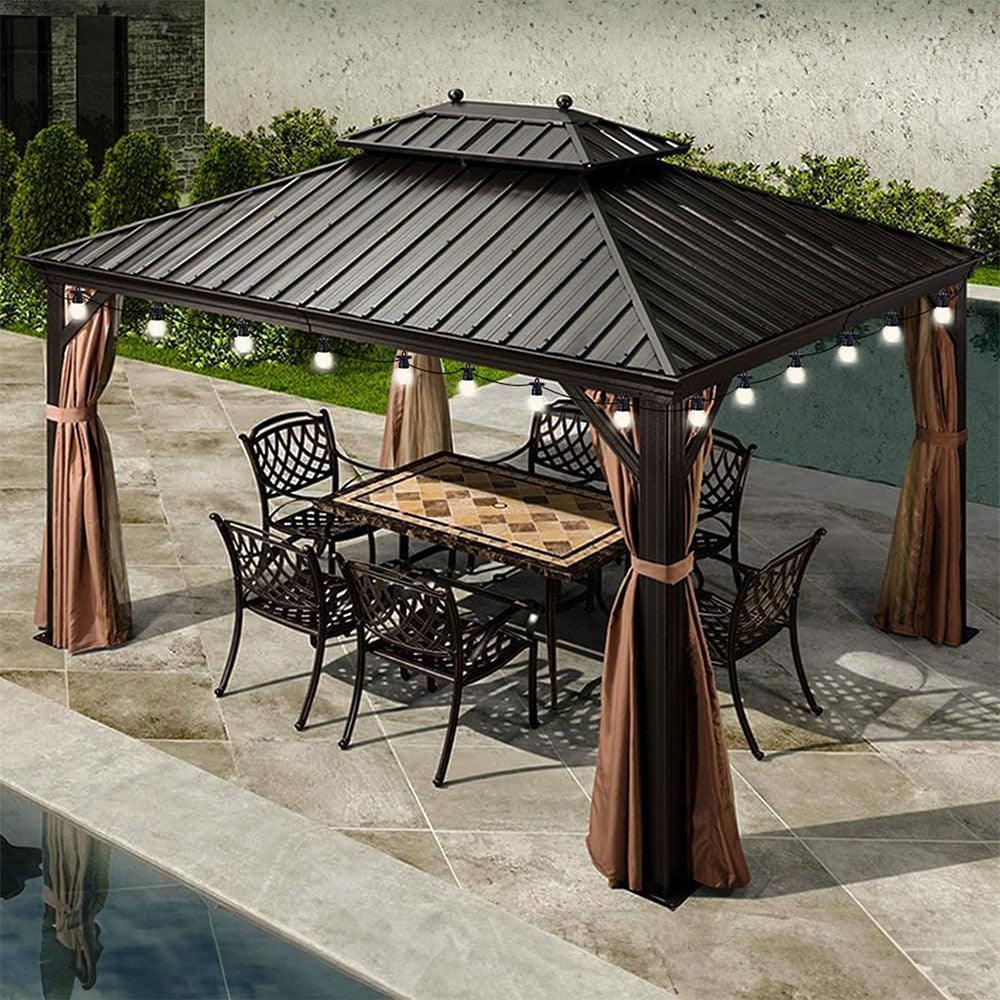 PURPLE LEAF Outdoor Hardtop Gazebo for Garden Bronze Double Roof Aluminum Frame Pavilion with String Lights-milky - Image 24