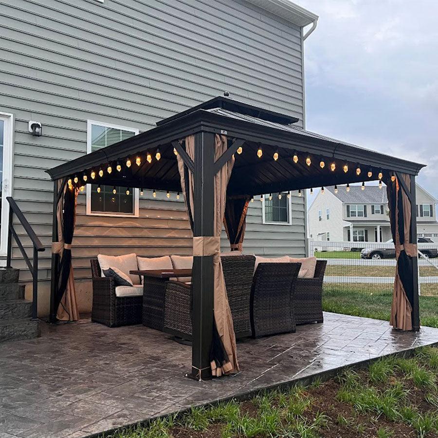 PURPLE LEAF Outdoor Hardtop Gazebo for Garden Bronze Double Roof Aluminum Frame Pavilion with String Lights-milky - Image 60