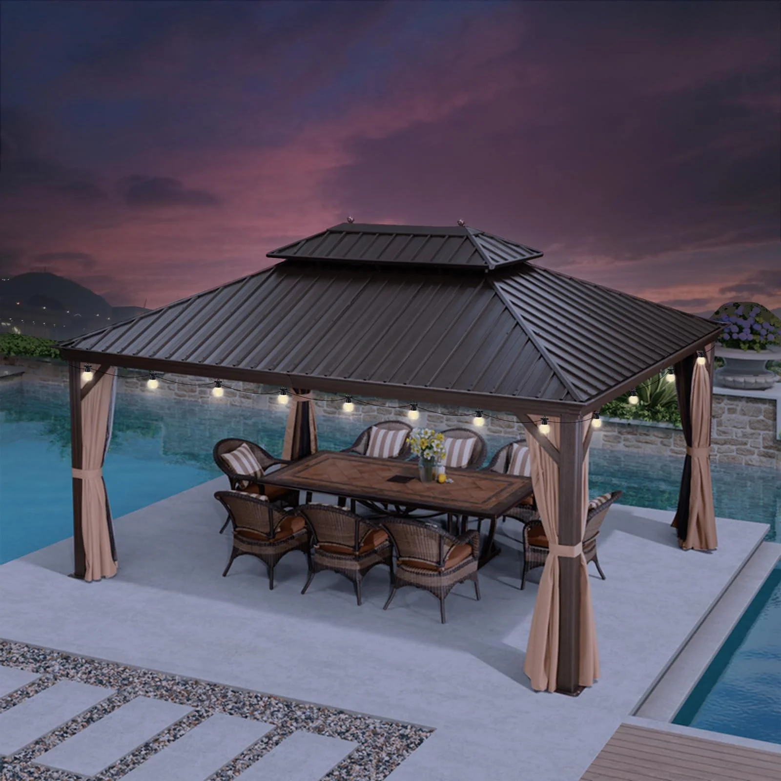 PURPLE LEAF Outdoor Hardtop Gazebo for Garden Bronze Double Roof Aluminum Frame Pavilion with String Lights-milky - Image 26