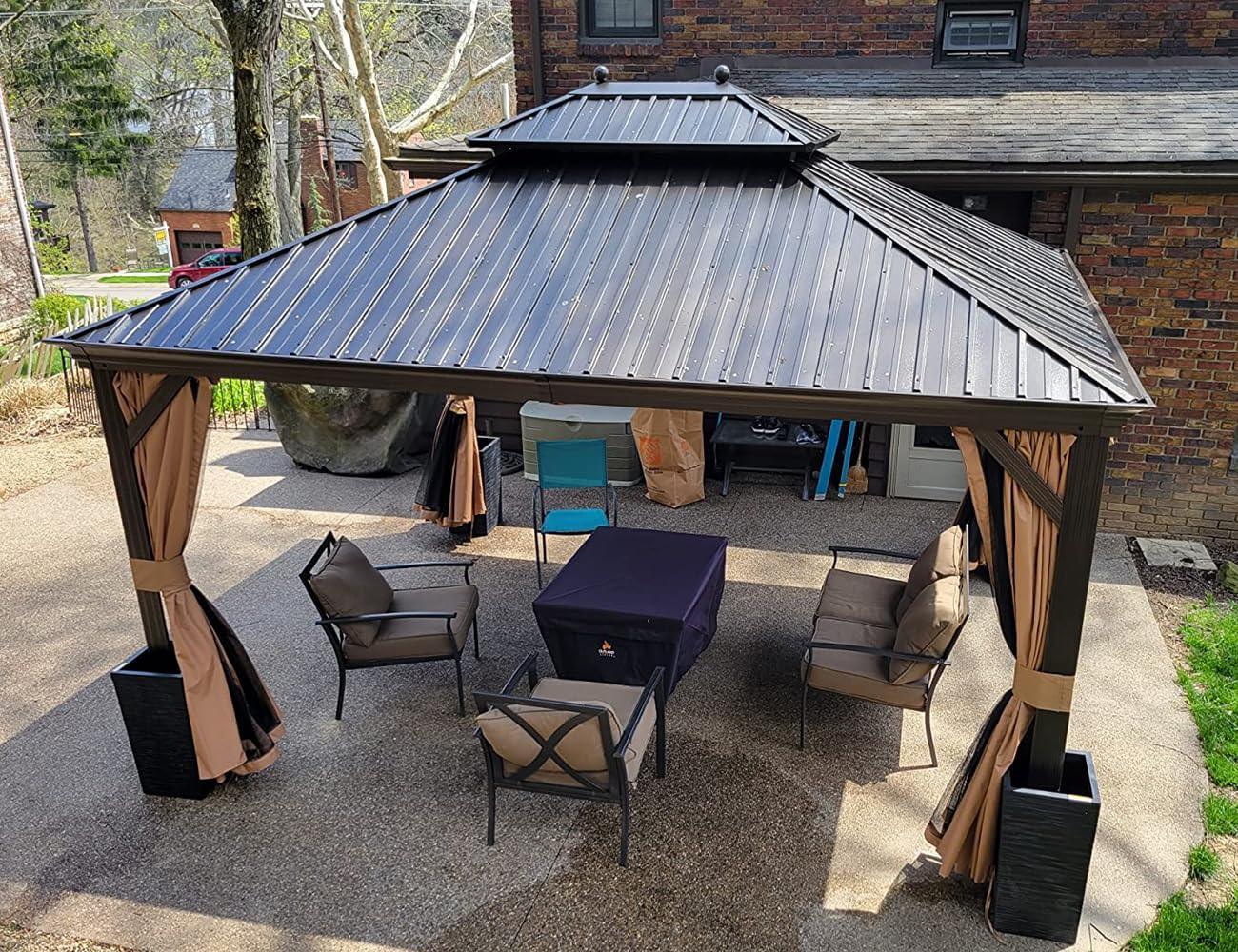 PURPLE LEAF Outdoor Hardtop Gazebo for Garden Bronze Double Roof Aluminum Frame Pavilion with String Lights-milky - Image 27