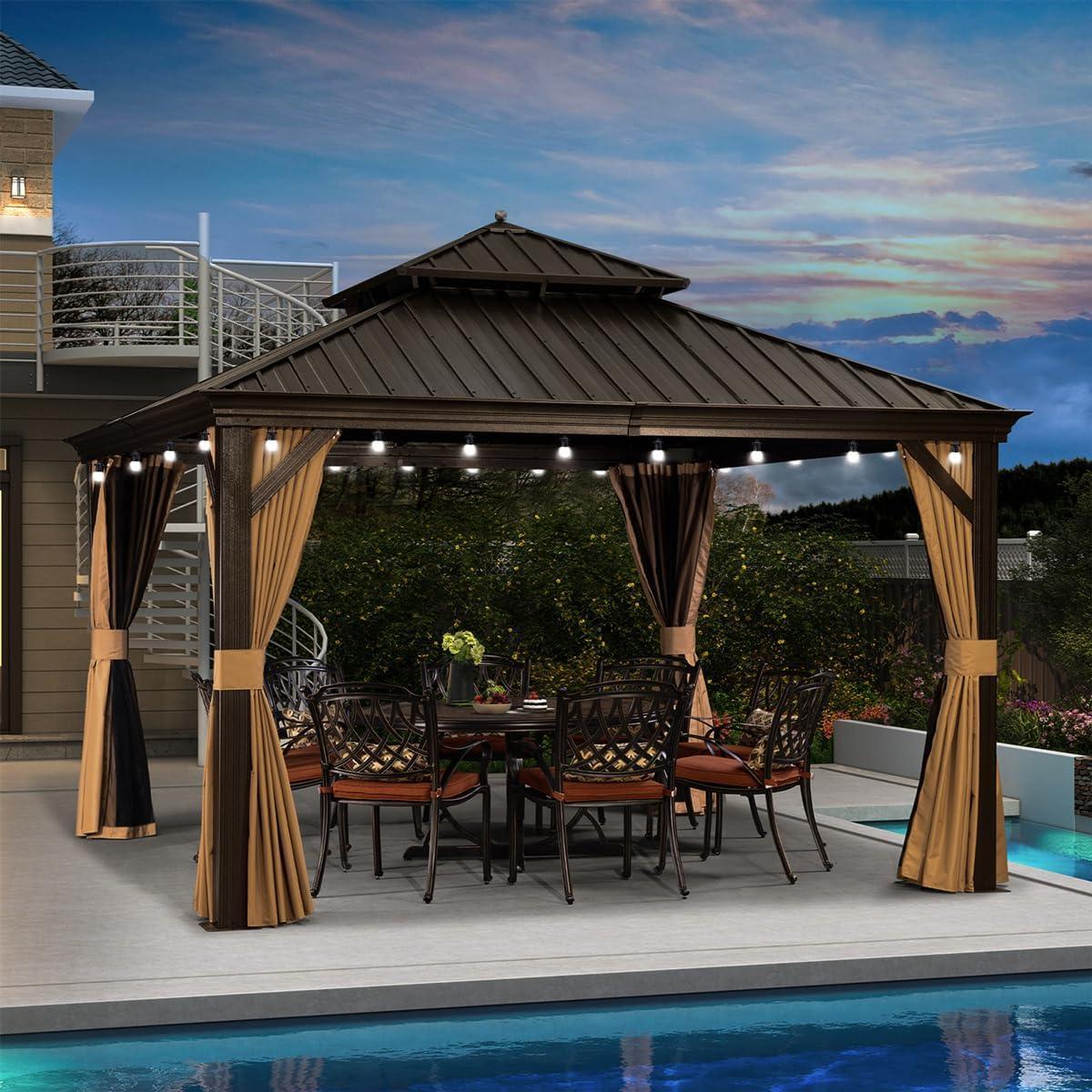 PURPLE LEAF Outdoor Hardtop Gazebo for Garden Bronze Double Roof Aluminum Frame Pavilion with String Lights-milky - Image 34