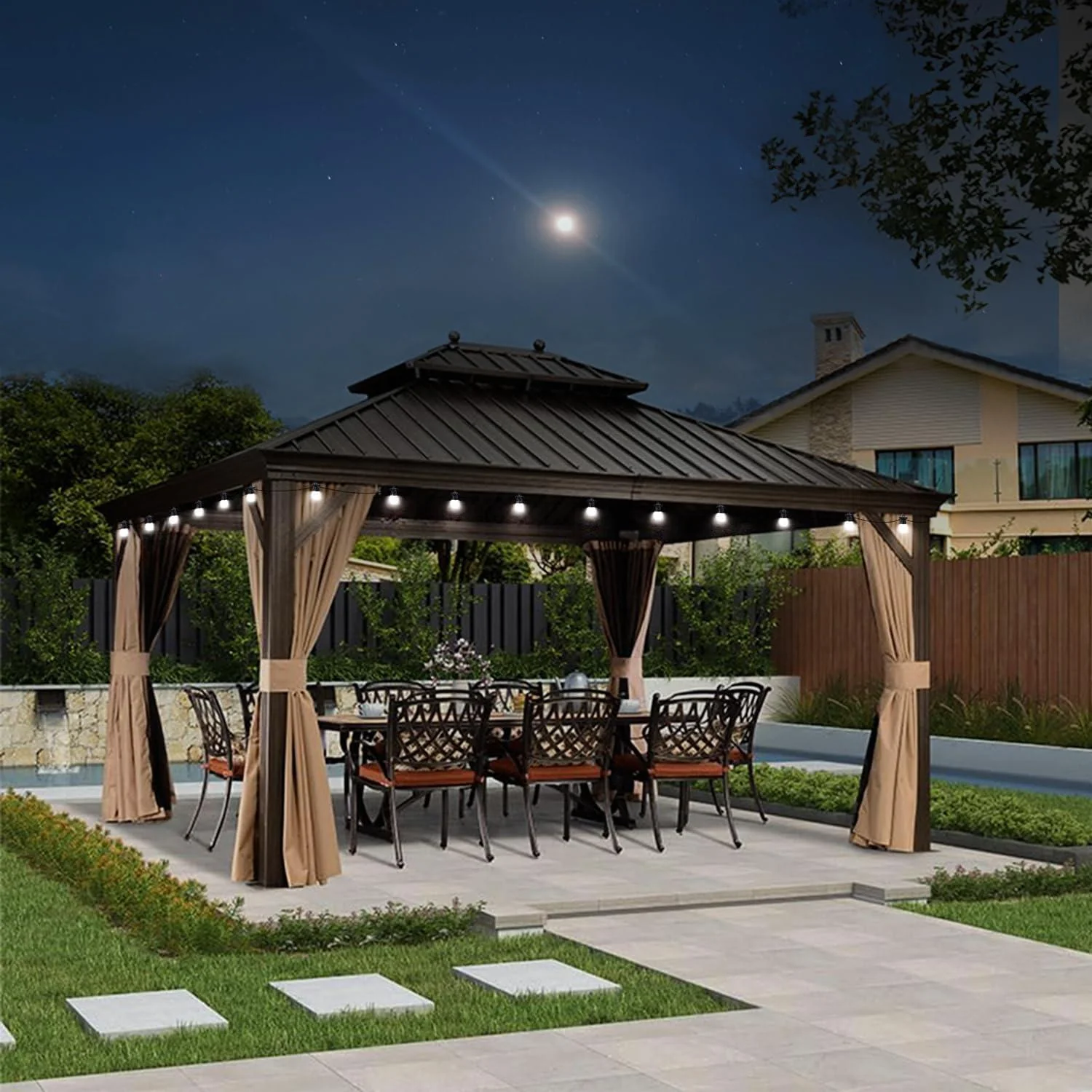 PURPLE LEAF Outdoor Hardtop Gazebo for Garden Bronze Double Roof Aluminum Frame Pavilion with String Lights-milky - Image 35