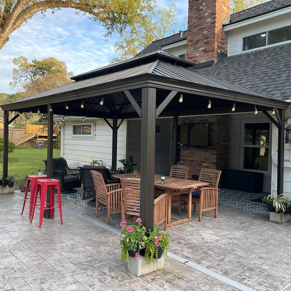 PURPLE LEAF Outdoor Hardtop Gazebo for Garden Bronze Double Roof Aluminum Frame Pavilion with String Lights-milky - Image 38