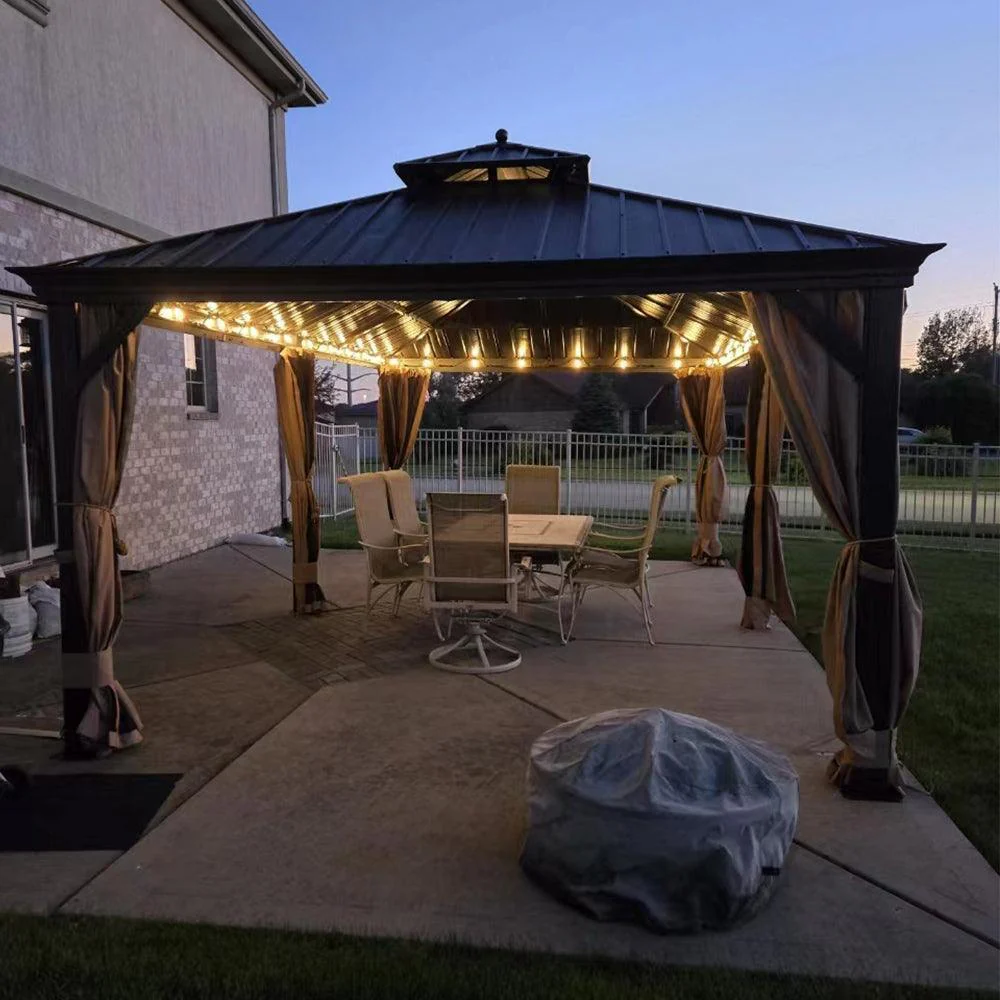 PURPLE LEAF Outdoor Hardtop Gazebo for Garden Bronze Double Roof Aluminum Frame Pavilion with String Lights-milky - Image 39