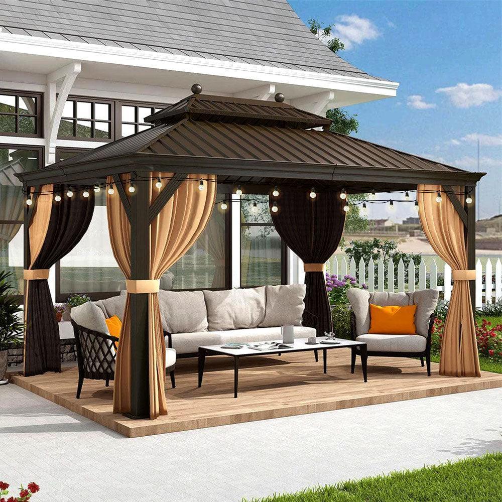 PURPLE LEAF Outdoor Hardtop Gazebo for Garden Bronze Double Roof Aluminum Frame Pavilion with String Lights-milky - Image 40