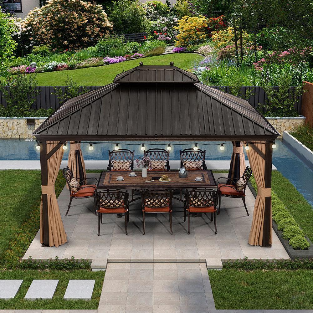 PURPLE LEAF Outdoor Hardtop Gazebo for Garden Bronze Double Roof Aluminum Frame Pavilion with String Lights-milky - Image 41