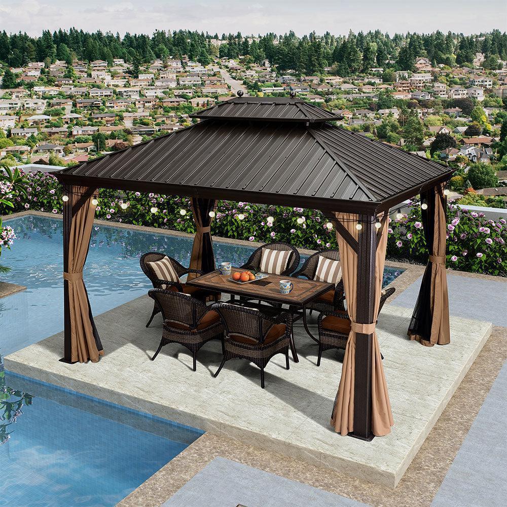 PURPLE LEAF Outdoor Hardtop Gazebo for Garden Bronze Double Roof Aluminum Frame Pavilion with String Lights-milky - Image 42