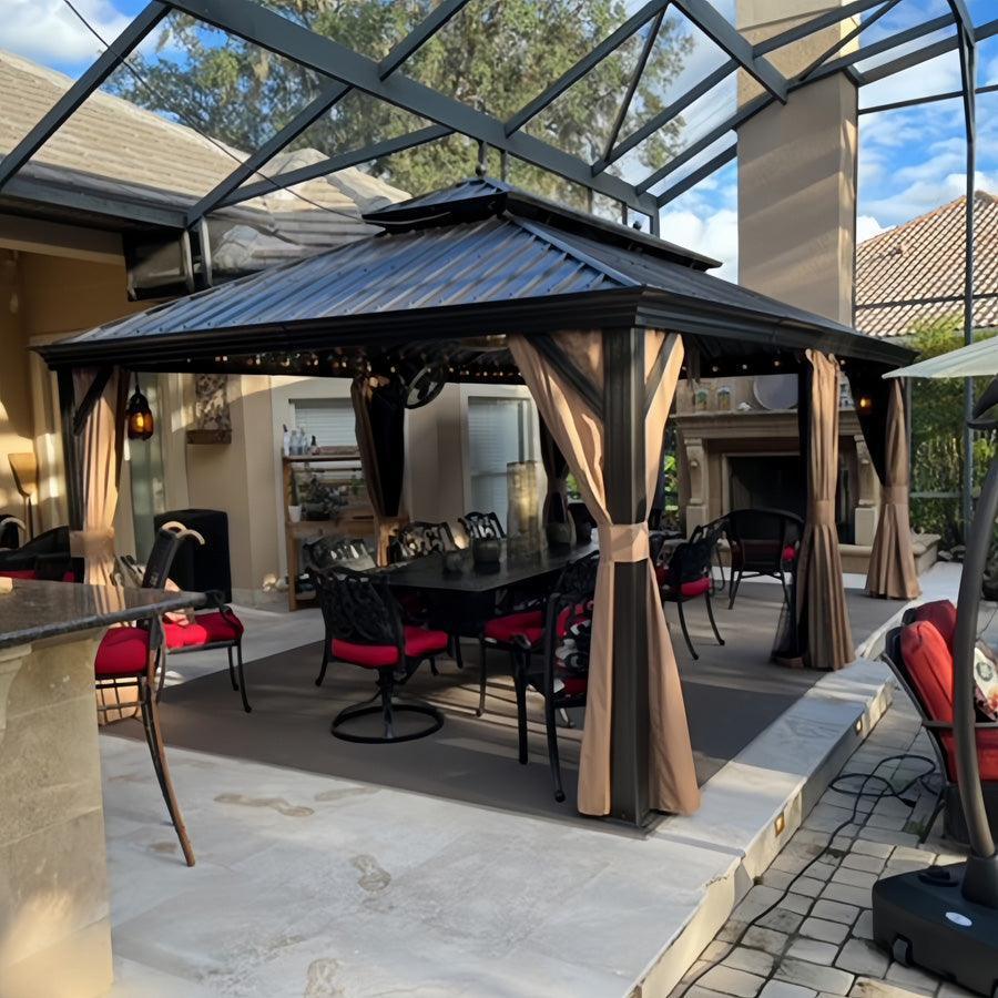 PURPLE LEAF Outdoor Hardtop Gazebo for Garden Bronze Double Roof Aluminum Frame Pavilion with String Lights-milky - Image 4