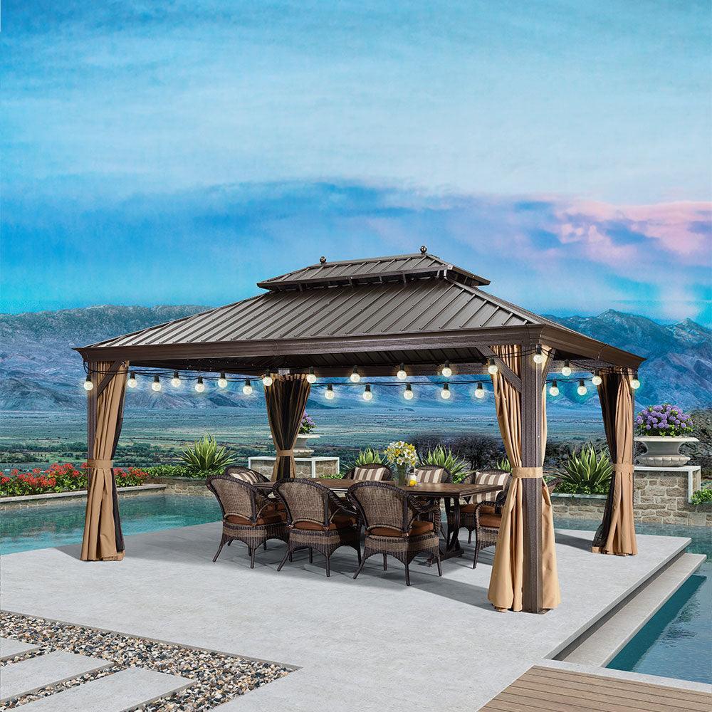 PURPLE LEAF Outdoor Hardtop Gazebo for Garden Bronze Double Roof Aluminum Frame Pavilion with String Lights-milky - Image 43