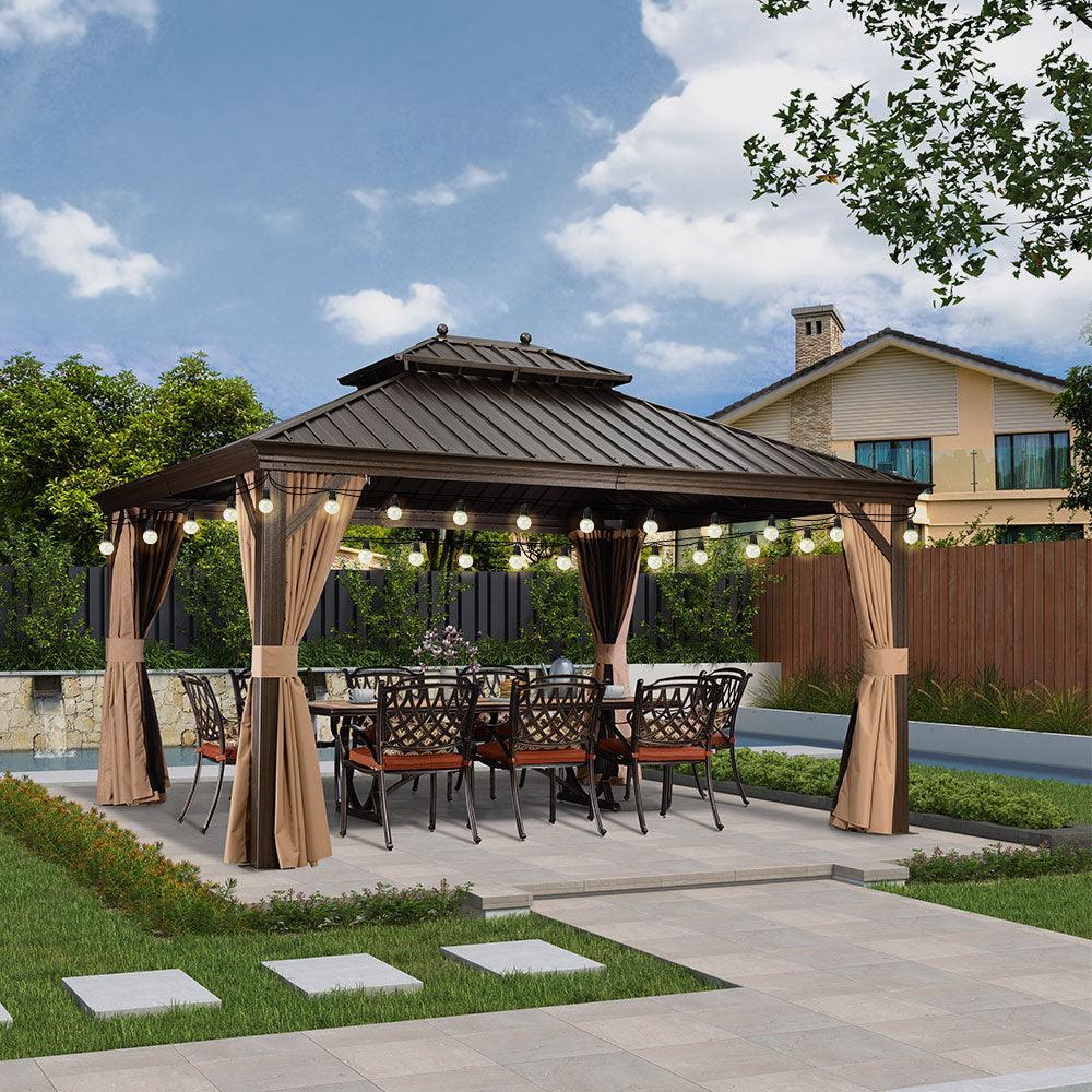 PURPLE LEAF Outdoor Hardtop Gazebo for Garden Bronze Double Roof Aluminum Frame Pavilion with String Lights-milky - Image 44