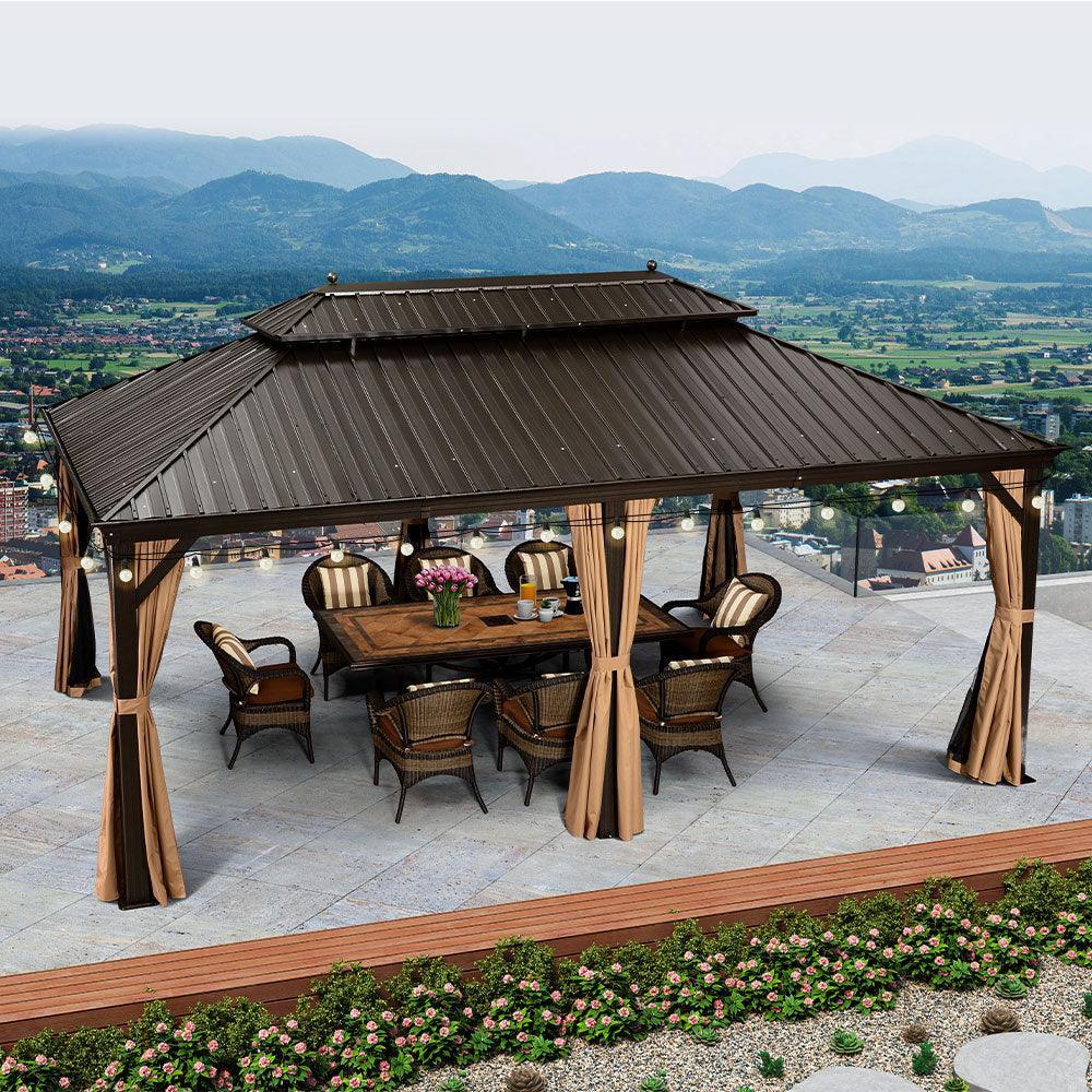 PURPLE LEAF Outdoor Hardtop Gazebo for Garden Bronze Double Roof Aluminum Frame Pavilion with String Lights-milky - Image 45