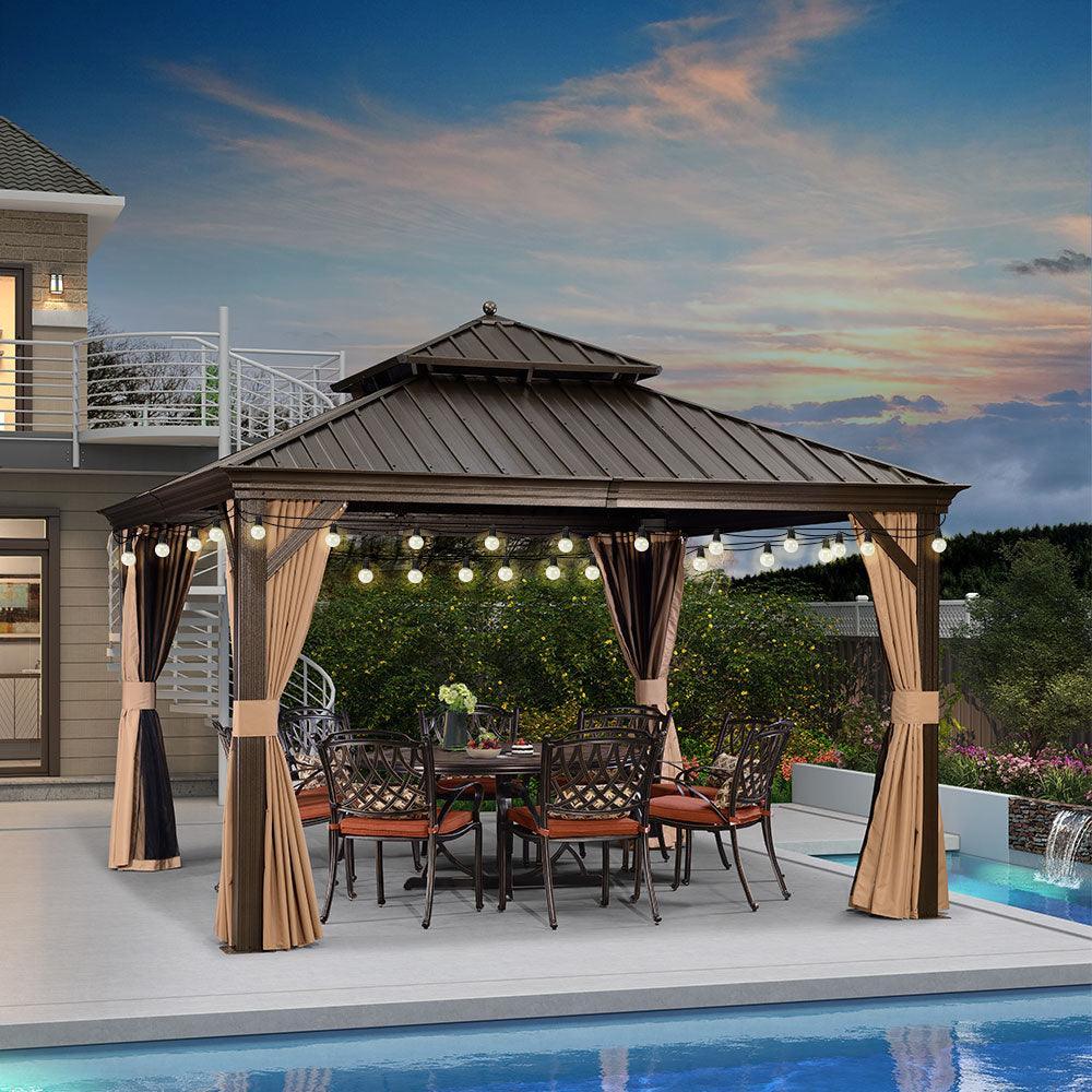 PURPLE LEAF Outdoor Hardtop Gazebo for Garden Bronze Double Roof Aluminum Frame Pavilion with String Lights-milky - Image 46