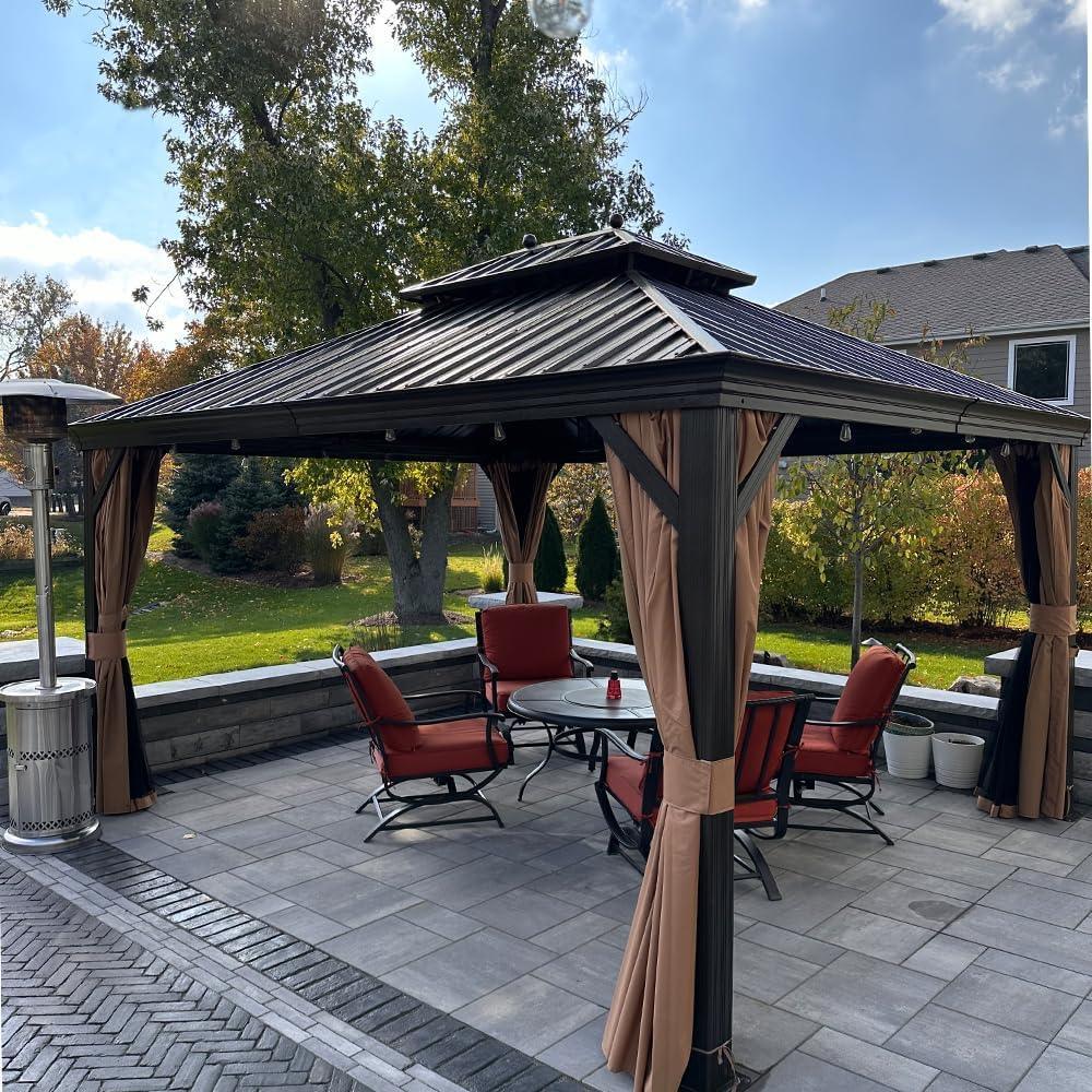 PURPLE LEAF Outdoor Hardtop Gazebo for Garden Bronze Double Roof Aluminum Frame Pavilion with String Lights-milky - Image 47
