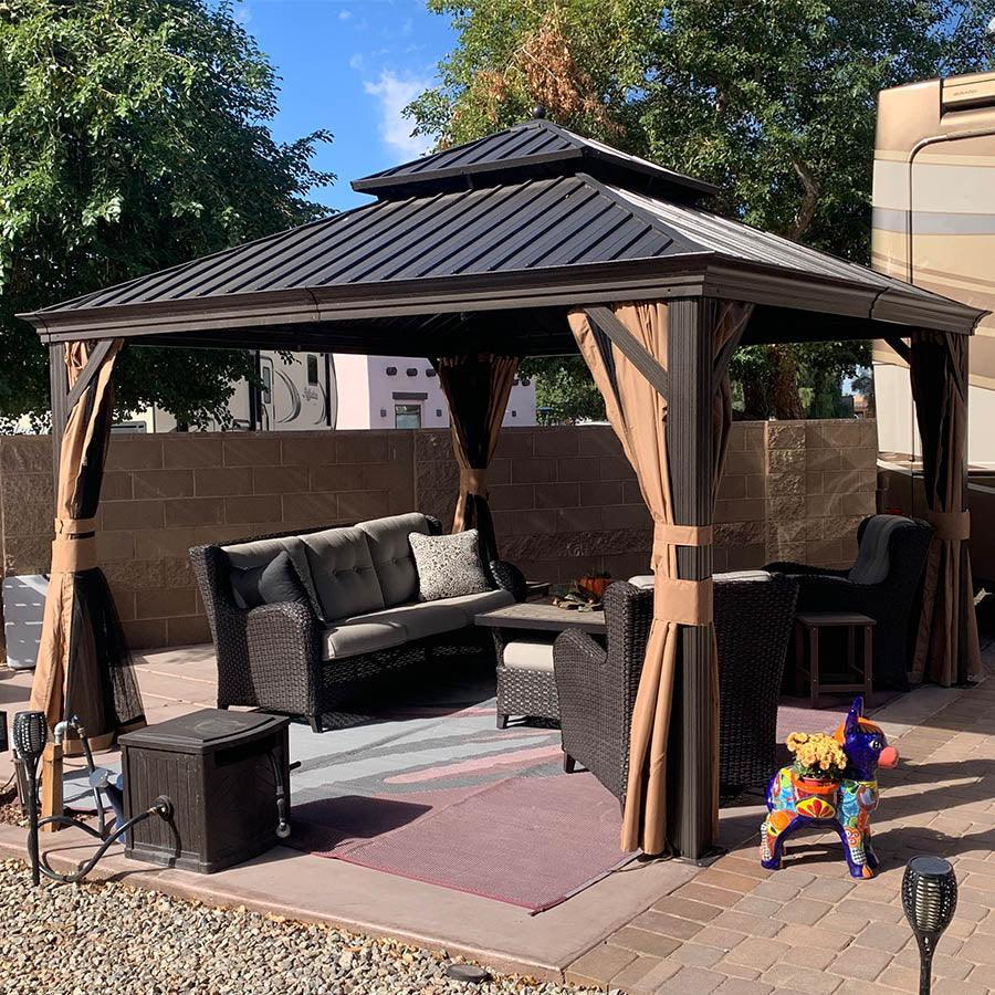 PURPLE LEAF Outdoor Hardtop Gazebo for Garden Bronze Double Roof Aluminum Frame Pavilion with String Lights-milky - Image 58