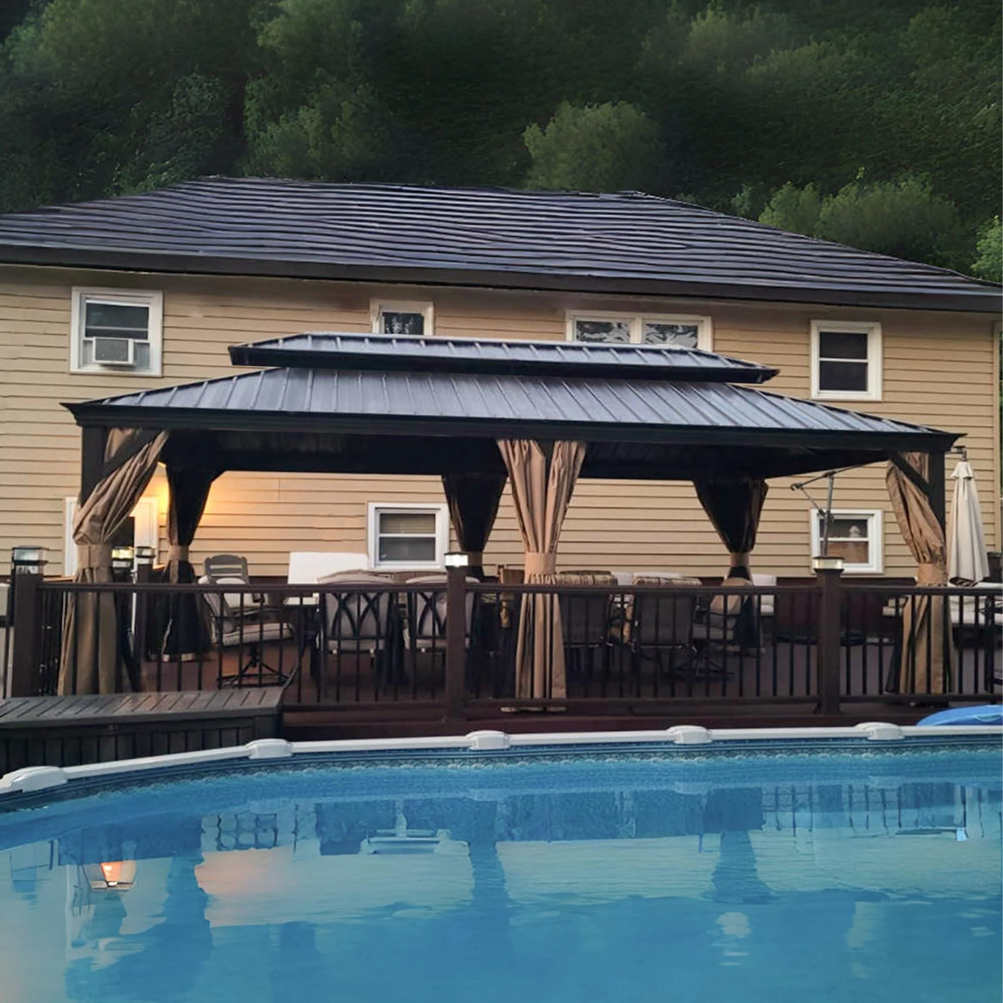 PURPLE LEAF Outdoor Hardtop Gazebo for Garden Bronze Double Roof Aluminum Frame Pavilion with String Lights-milky - Image 62