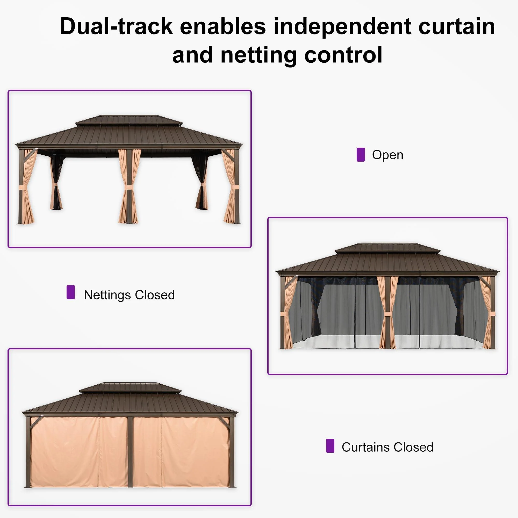 PURPLE LEAF Outdoor Hardtop Gazebo for Garden Bronze Double Roof Aluminum Frame Pavilion with String Lights-milky - Image 63