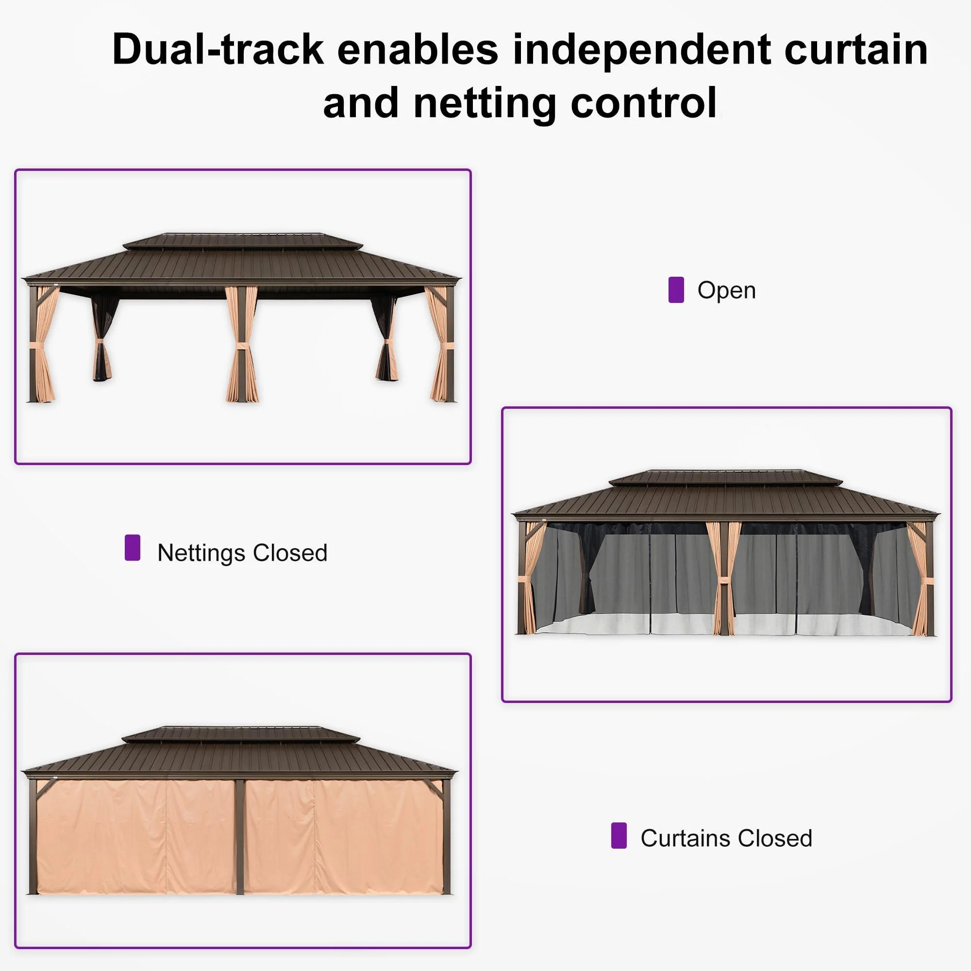 PURPLE LEAF Outdoor Hardtop Gazebo for Garden Bronze Double Roof Aluminum Frame Pavilion with String Lights-milky - Image 66