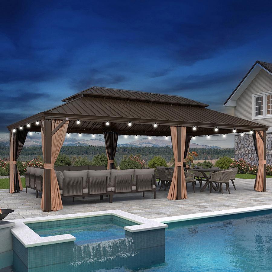 PURPLE LEAF Outdoor Hardtop Gazebo for Garden Bronze Double Roof Aluminum Frame Pavilion with String Lights-milky - Image 72