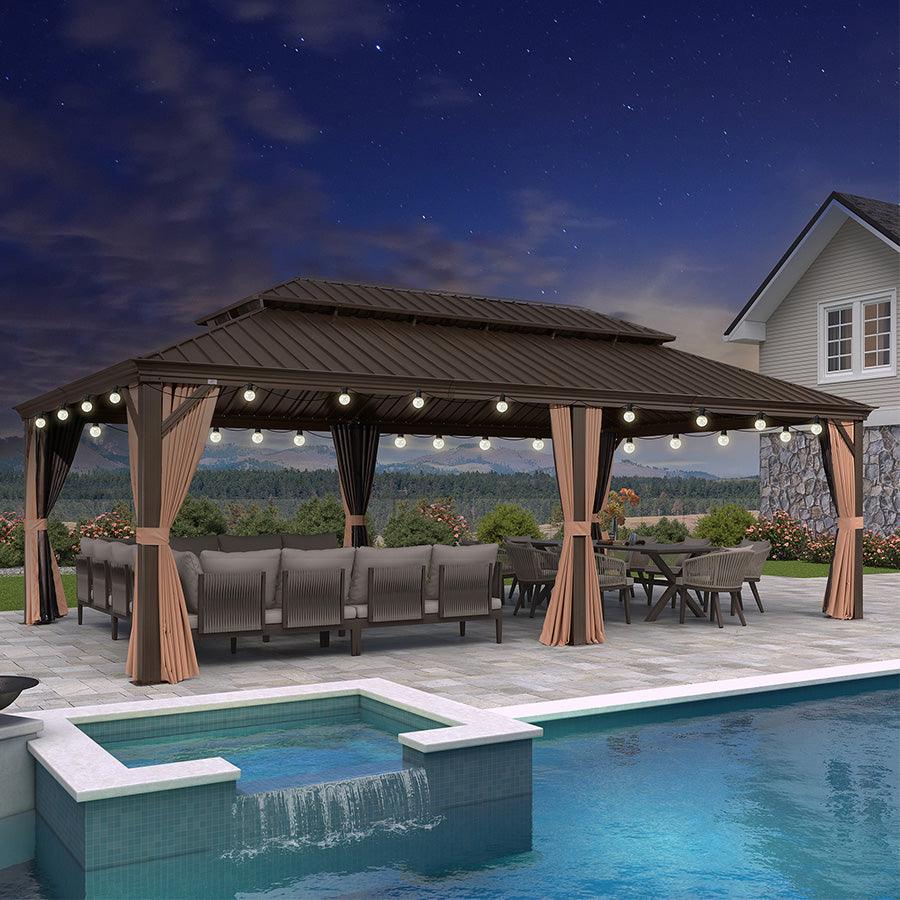 PURPLE LEAF Outdoor Hardtop Gazebo for Garden Bronze Double Roof Aluminum Frame Pavilion with String Lights-milky - Image 73