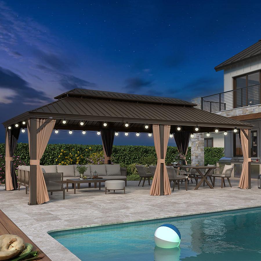 PURPLE LEAF Outdoor Hardtop Gazebo for Garden Bronze Double Roof Aluminum Frame Pavilion with String Lights-milky - Image 74