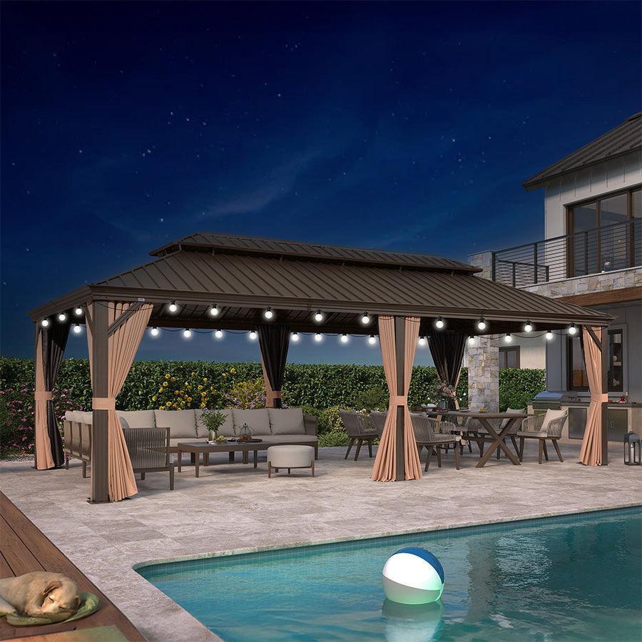 PURPLE LEAF Outdoor Hardtop Gazebo for Garden Bronze Double Roof Aluminum Frame Pavilion with String Lights-milky - Image 75