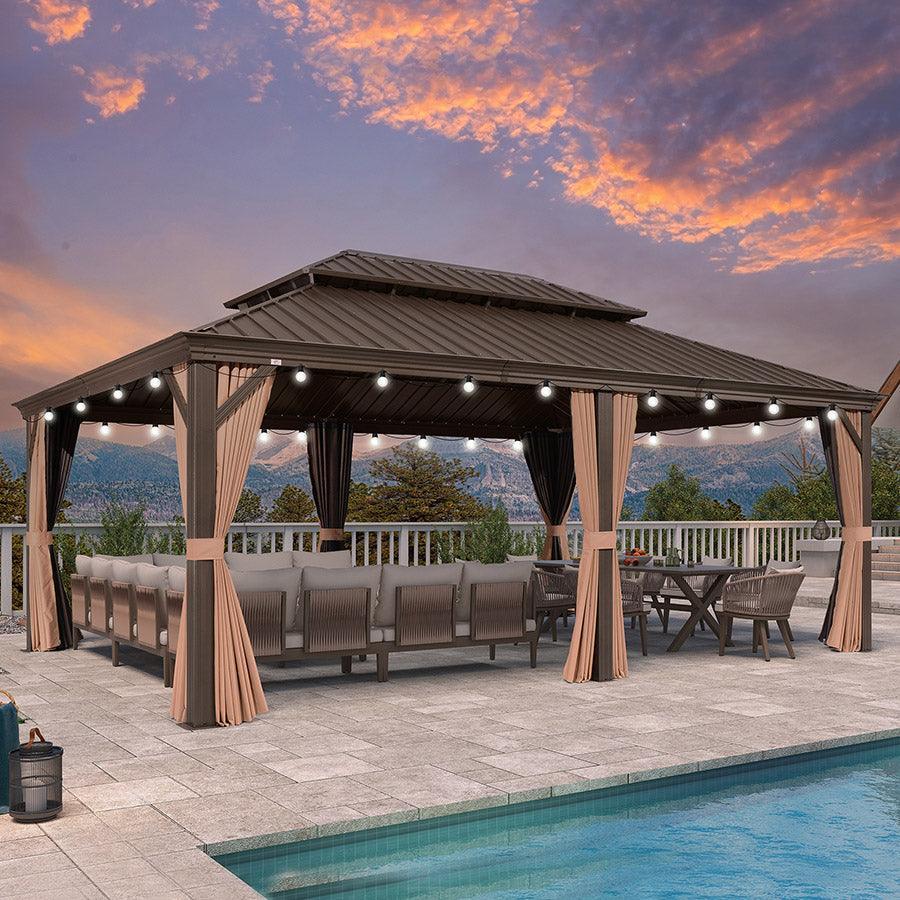 PURPLE LEAF Outdoor Hardtop Gazebo for Garden Bronze Double Roof Aluminum Frame Pavilion with String Lights-milky - Image 3