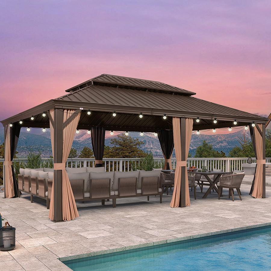 PURPLE LEAF Outdoor Hardtop Gazebo for Garden Bronze Double Roof Aluminum Frame Pavilion with String Lights-milky - Image 76